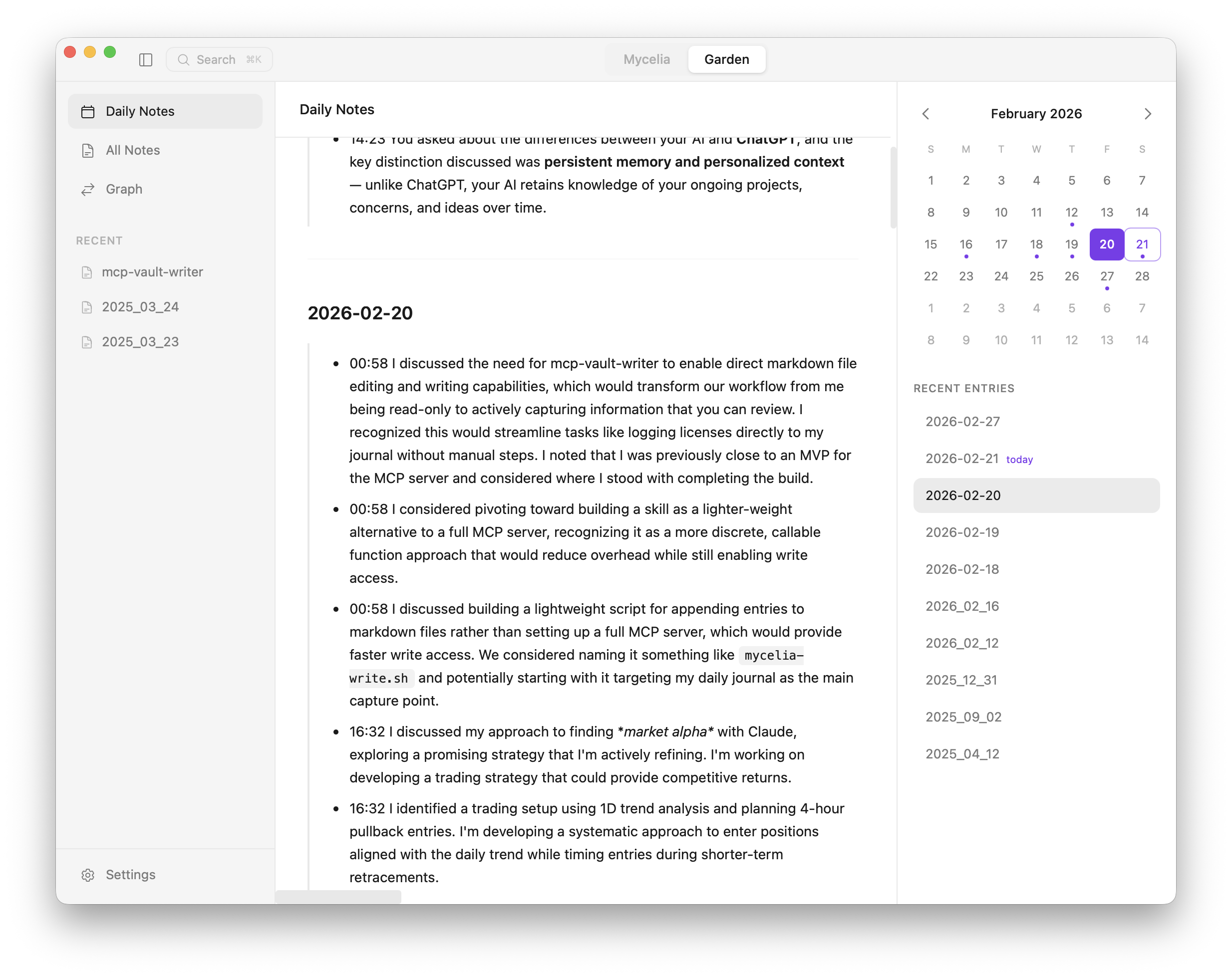 Mycelia Daily Notes view showing journal entries organized by date with a calendar sidebar